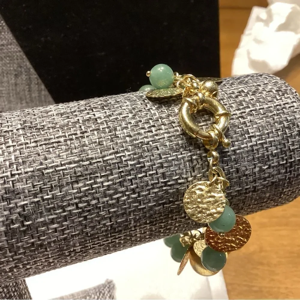Goldtone Giant Spring Ring Gold and Green Charms Bracelet